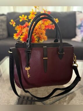 Fossil Ryder Satchel "Fig" (deep burgundy) body with black leather trim